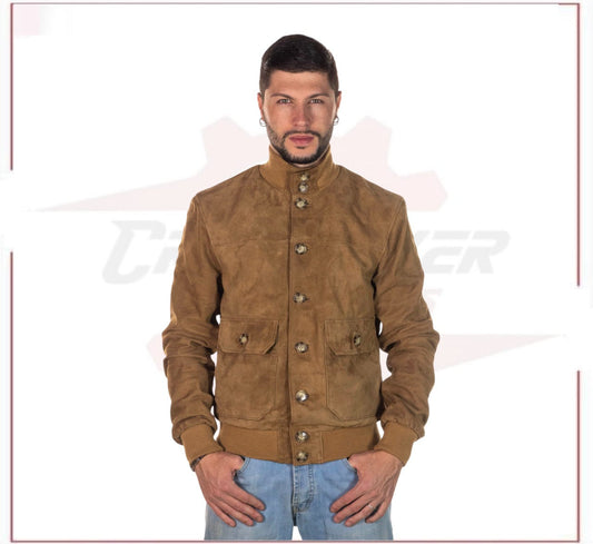 Men's Bomber Jacket in Genuine Honey Suede Leather CROSSOVER RACEWEARS