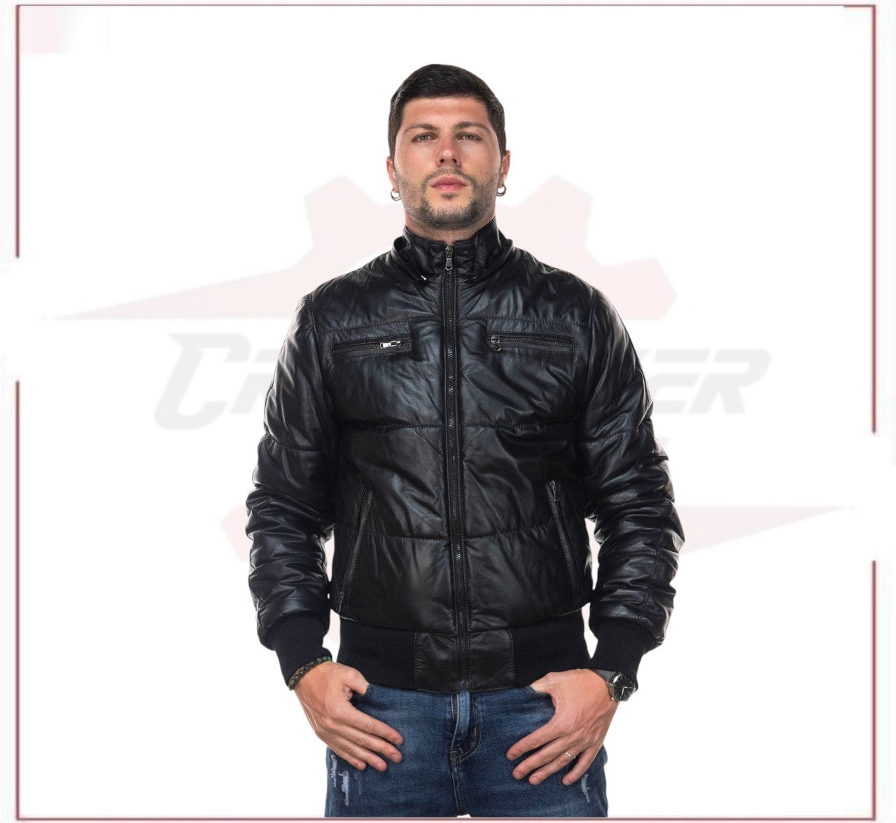 Boston - Men's Down Jacket in Genuine Black Leather CROSSOVER RACEWEARS