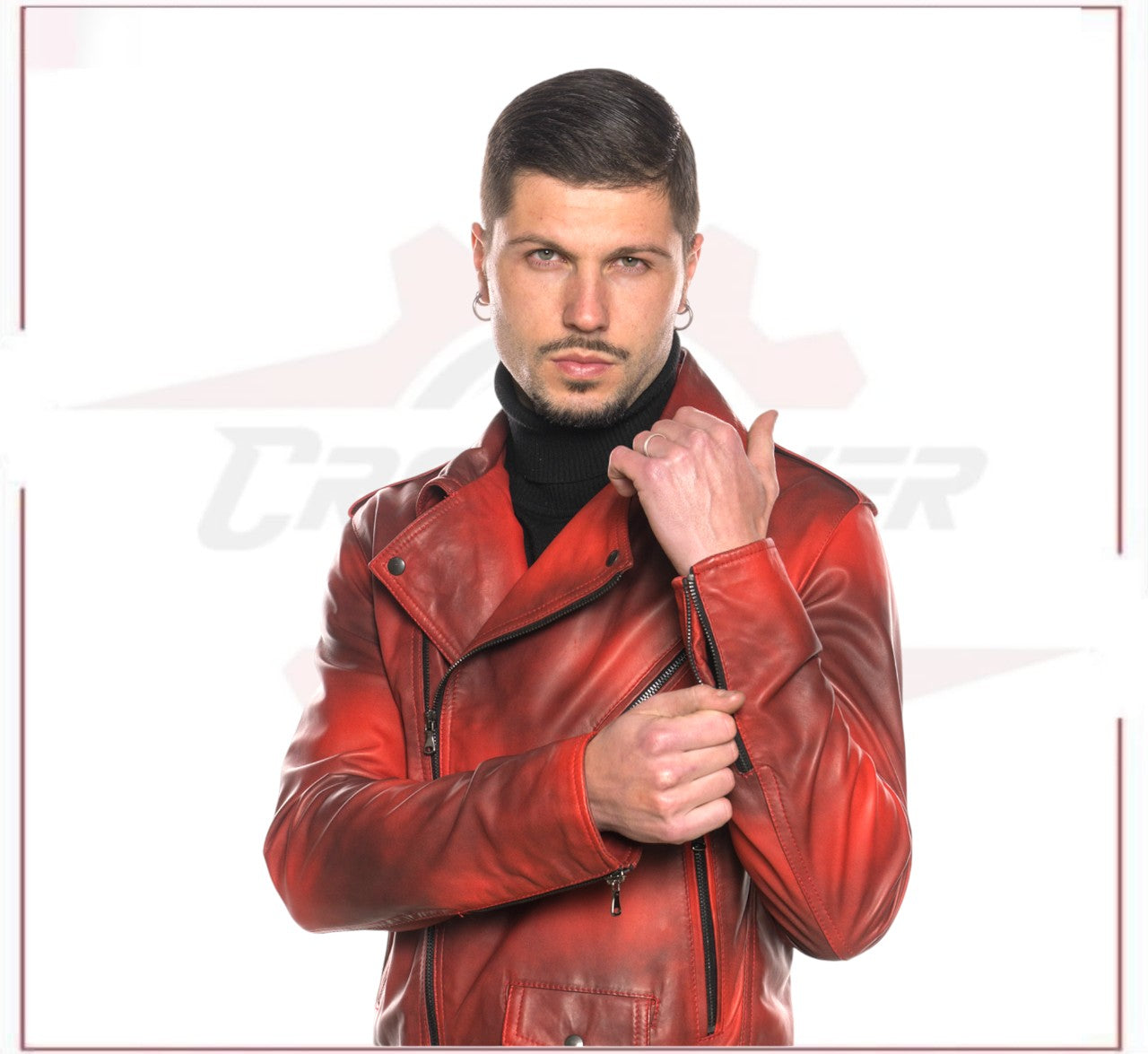 Men's jacket Red Buffered Effect in Genuine Leather CROSSOVER RACEWEARS