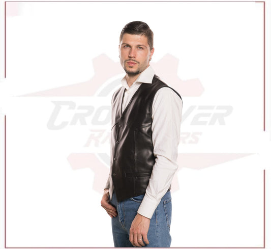 New Men's Vest in Genuine Black Leather CROSSOVER RACEWEARS