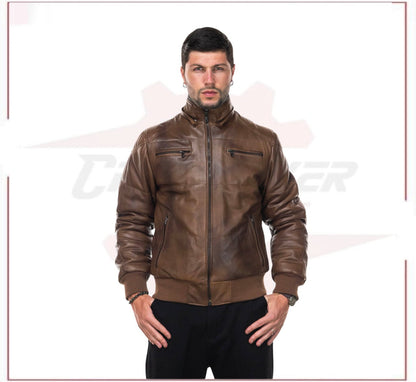 Boston - Men's Down Jacket in Genuine Brown Leather CROSSOVER RACEWEARS