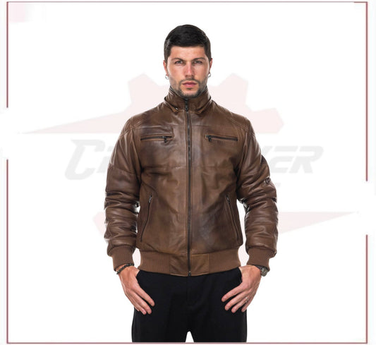 Boston - Men's Down Jacket in Genuine Brown Leather CROSSOVER RACEWEARS
