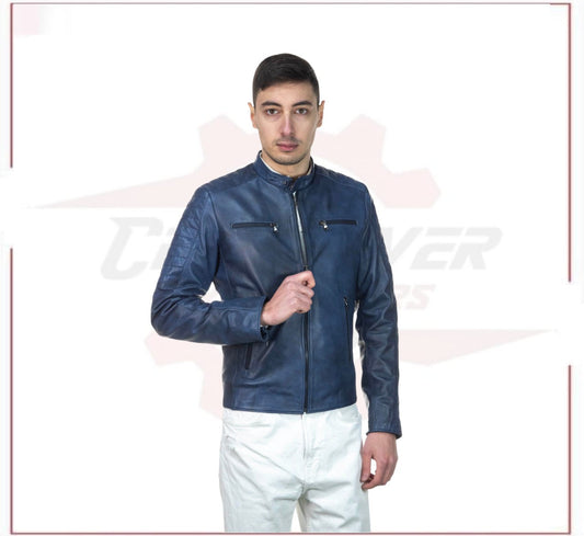 New Biker Man's Blue genuine leather CROSSOVER RACEWEARS