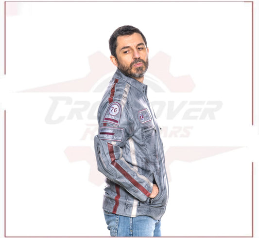 New Biker Man's Jacket in genuine Gray Leather CROSSOVER RACEWEARS