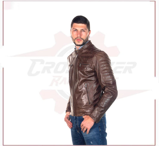 Men's Biker Jacket in Genuine Dark Brown Oil Vintage Leather CROSSOVER RACEWEARS