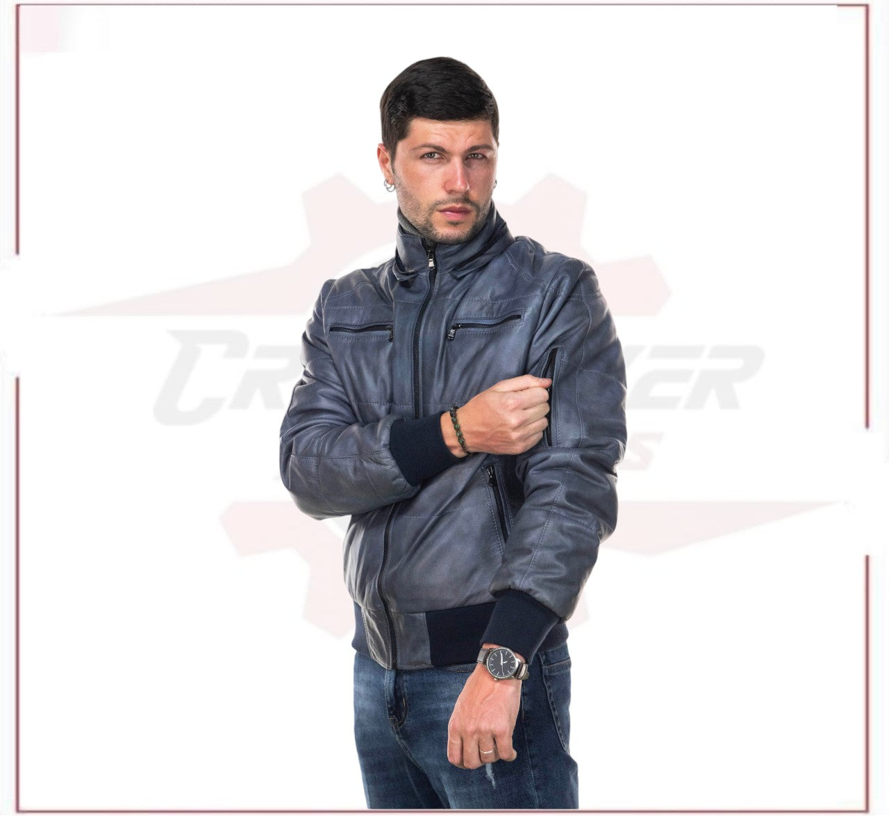 Boston - Men's Down Jacket in Genuine Blue Leather CROSSOVER RACEWEARS