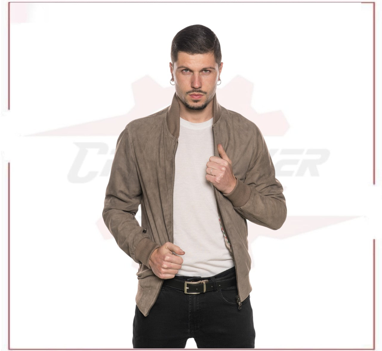 David - Men's Bomber Jacket in Genuine Taupe Suede Leather CROSSOVER RACEWEARS