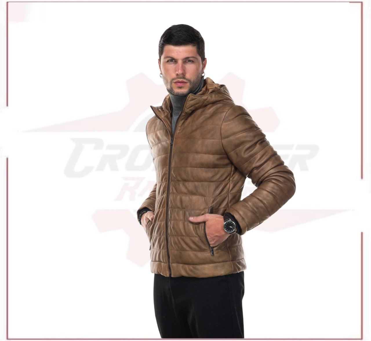 Rio - Men's Down Jacket in Genuine Brown Leather CROSSOVER RACEWEARS