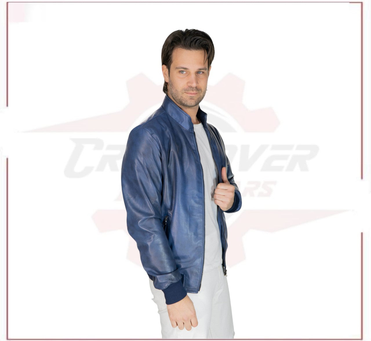 Victor - Men's Bomber in Genuine Blue Leather CROSSOVER RACEWEARS
