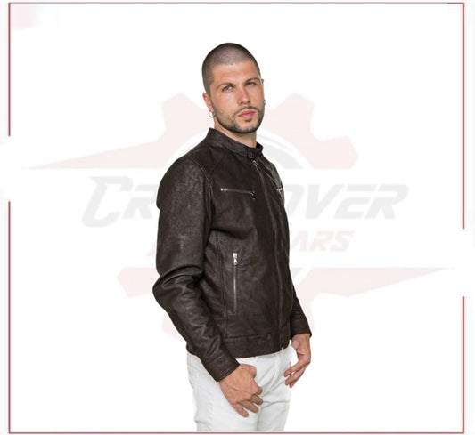 Men's Jacket in Genuine Dark Brown Nabuk Oil Leather CROSSOVER RACEWEARS