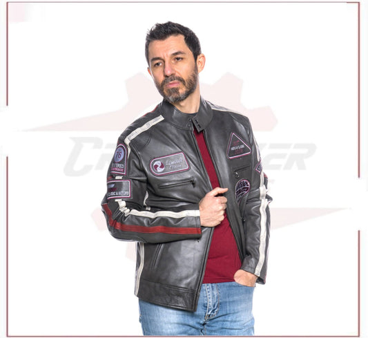 Biker Man's Jacket in genuine Dark Gray Leather CROSSOVER RACEWEARS