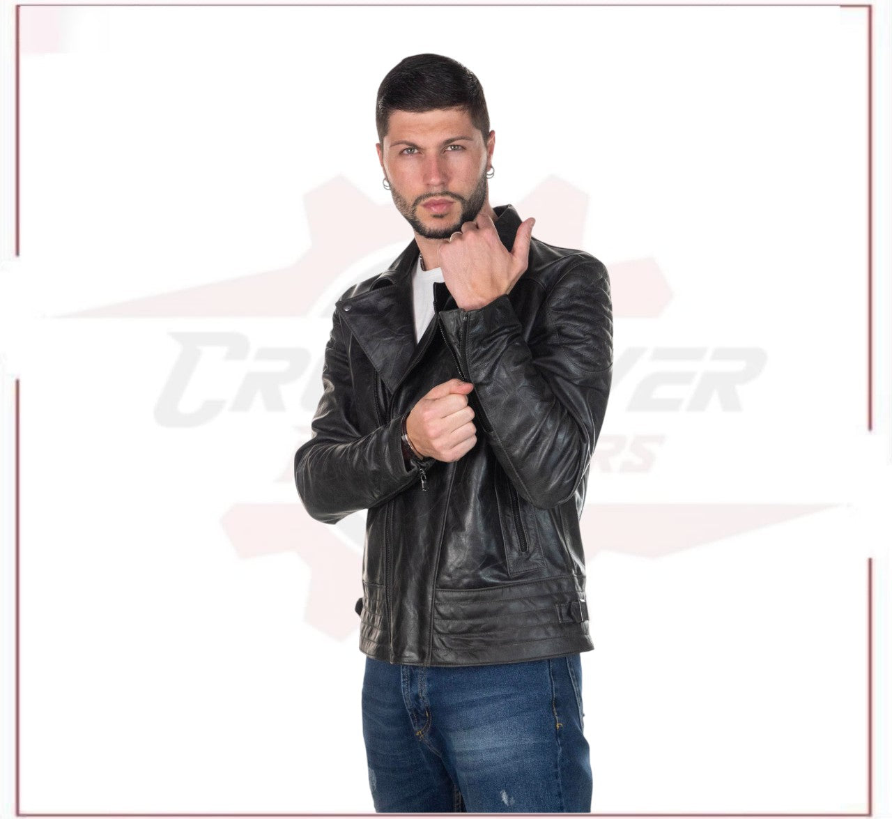 Men's Jacket in Genuine Grey Oil Vintage Leather CROSSOVER RACEWEARS