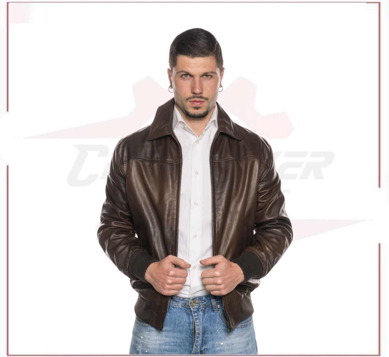 Fonzie - Men's Bomber Jacket in Genuine Dark Brown Leather CROSSOVER RACEWEARS