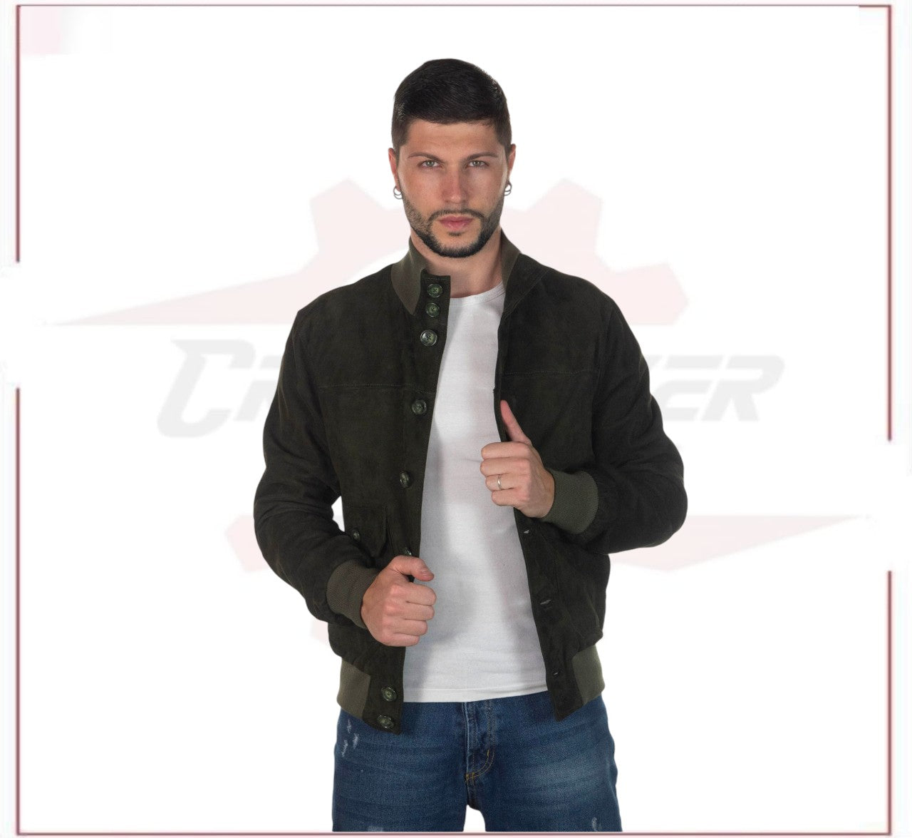U03 Bis - Men's Bomber Jacket in Genuine Green Suede Leather CROSSOVER RACEWEARS