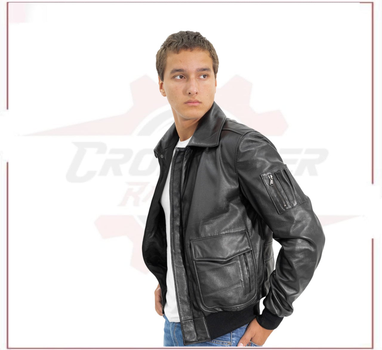 Men's Bomber Jacket in Genuine Black Leather CROSSOVER RACEWEARS