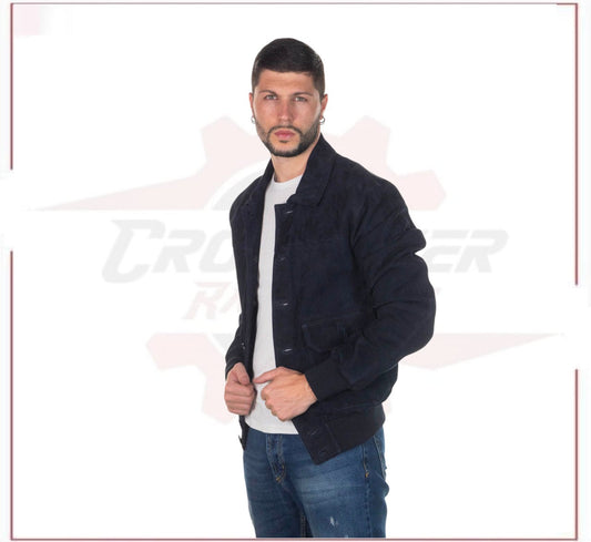 U03 - Men's Bomber Jacket in Genuine Blue Suede Leather CROSSOVER RACEWEARS