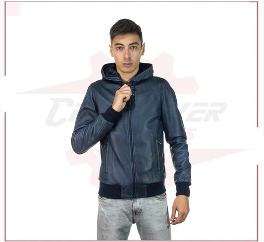 Bomber Napoli Cap - Men's Bomber Jacket in Genuine Blue Leather CROSSOVER RACEWEARS