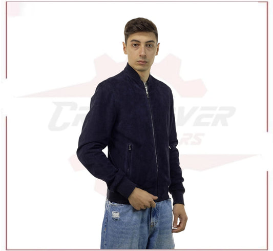 David - Men's Bomber Jacket in Genuine Blue Suede Leather CROSSOVER RACEWEARS