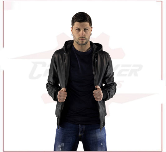 Men's Bomber Jacket in Genuine Black Leather CROSSOVER RACEWEARS