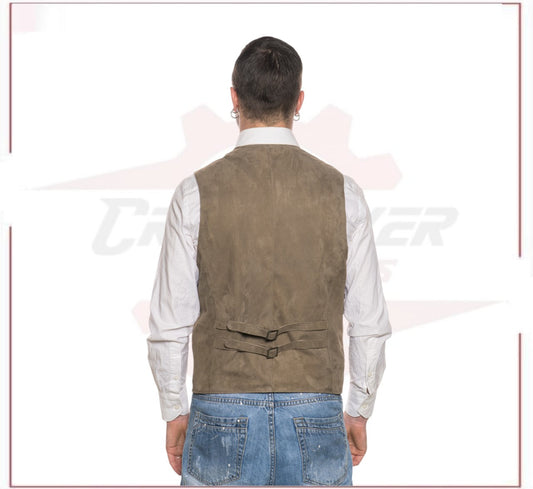 Men's Vest in Genuine Taupe Suede Leather CROSSOVER RACEWEARS