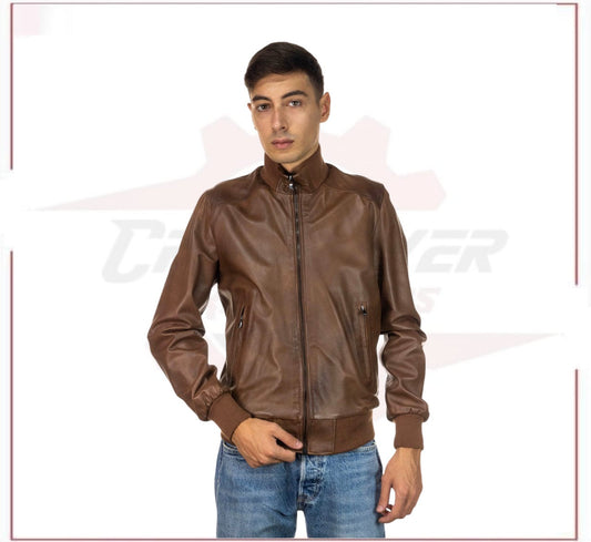 Men's Bomber - Men's Bomber Jacket in Genuine Brown Leather CROSSOVER RACEWEARS