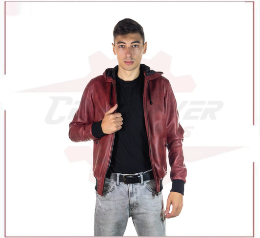 Bomber Napoli Cap - Men's Bomber Jacket in Genuine Bordeaux Leather CROSSOVER RACEWEARS
