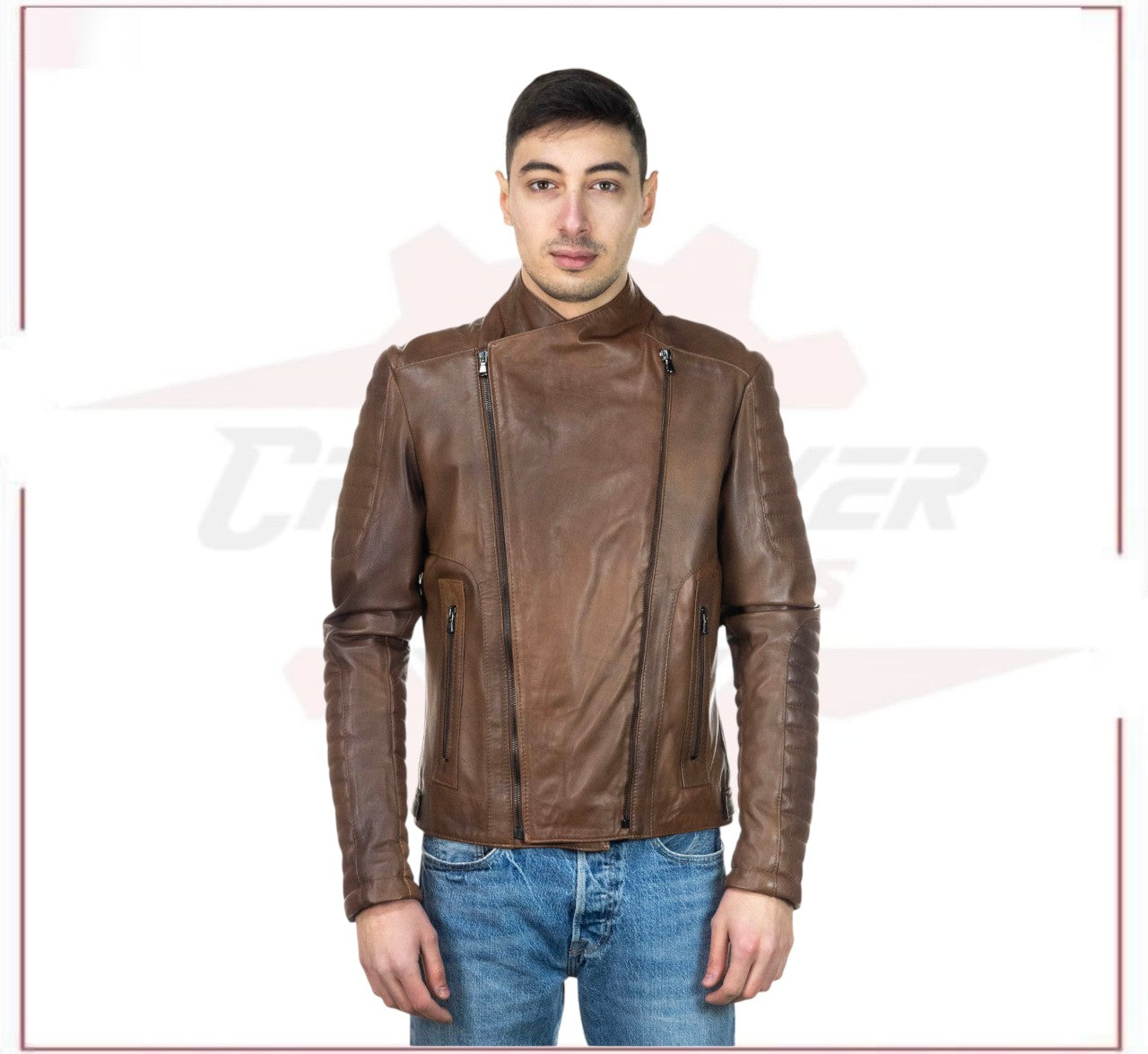 Men's Perfecto Jacket in Genuine Brown Leather CROSSOVER RACEWEARS