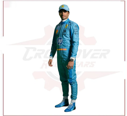New 2024 Carlos Sainz jr HP Miami  Scuderia Ferrari F1 Team Racing Suit - CROSSOVER RACEWEARS 