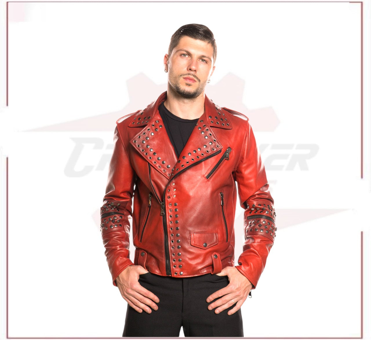 Vasco - Men's Studded Jacket in Genuine Bordeaux Leather CROSSOVER RACEWEARS