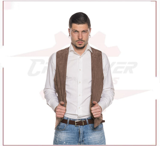 Men's Vest in Genuine Cocoa Suede Leather CROSSOVER RACEWEARS