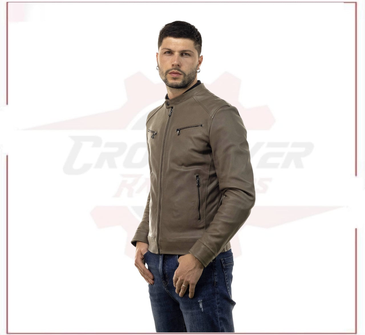 Men's Genuine Mud Colored Leather Jacket CROSSOVER RACEWEARS