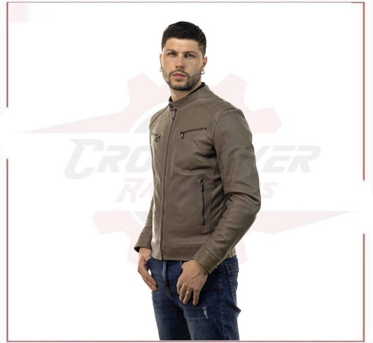Men's Genuine Mud Colored Leather Jacket CROSSOVER RACEWEARS