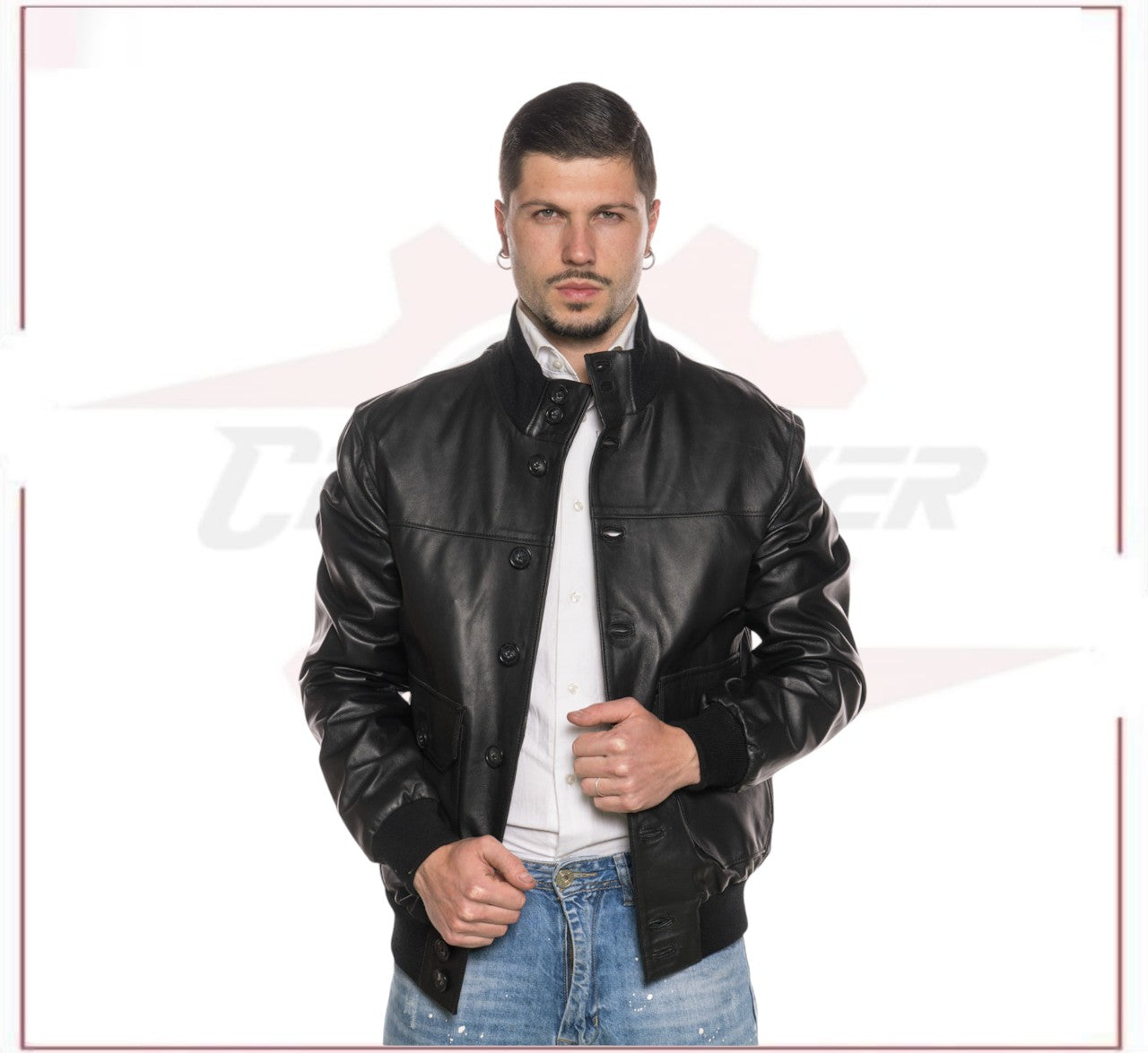 Black Bomber Jacket in real leather CROSSOVER RACEWEARS