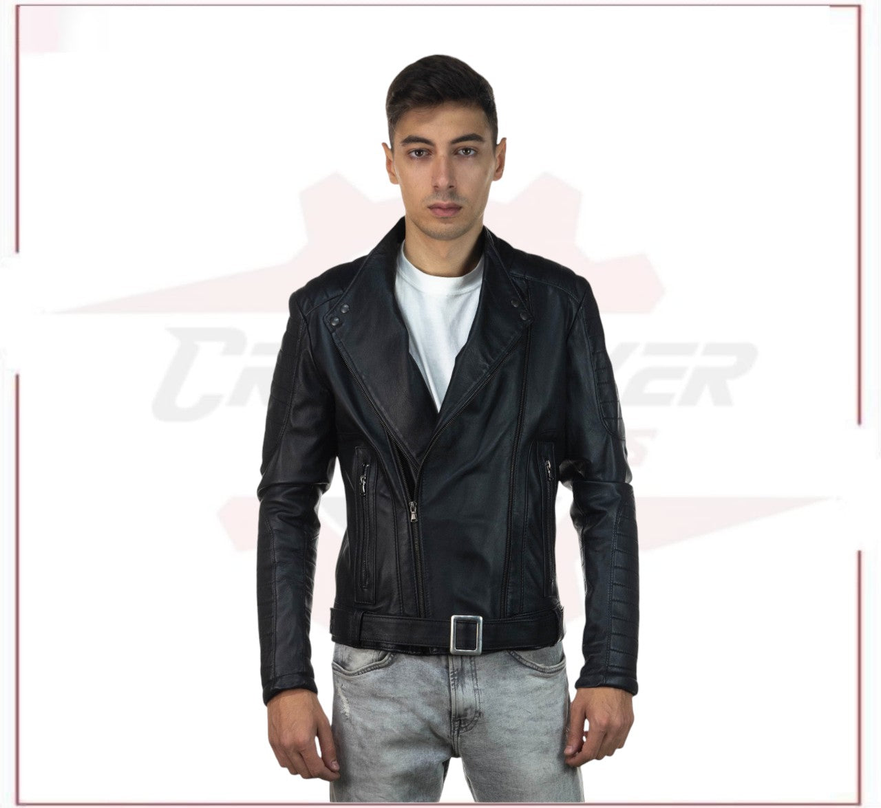 Men's Perfecto Jacket in Genuine Black Leather CROSSOVER RACEWEARS