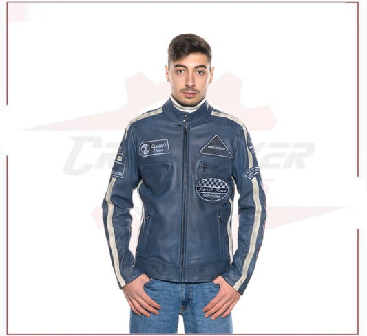 New Biker Man's Jacket in genuine Blue Leather CROSSOVER RACEWEARS