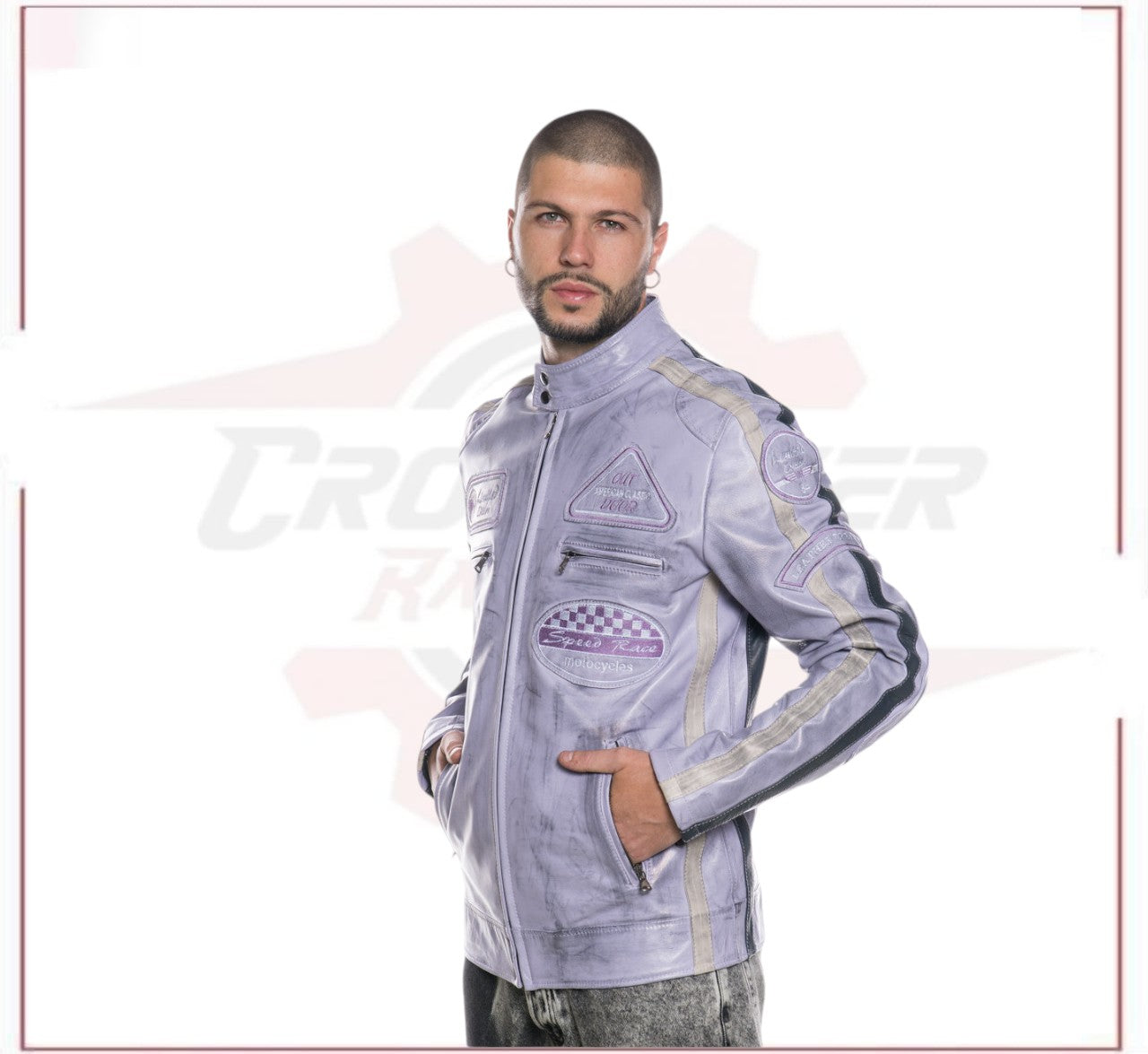 New Biker Man's Jacket in genuine Violet Leather CROSSOVER RACEWEARS