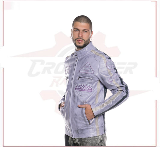 New Biker Man's Jacket in genuine Violet Leather CROSSOVER RACEWEARS