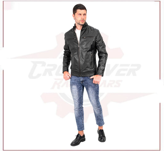Attila - Men's Biker Jacket in Genuine Black Leather CROSSOVER RACEWEARS