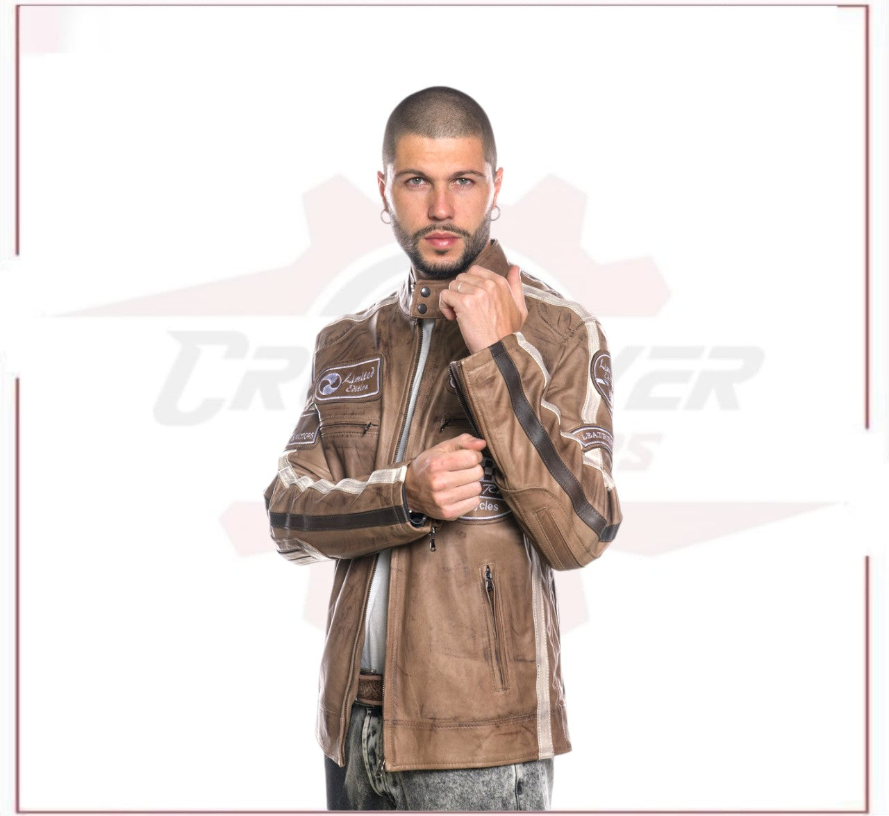Biker Man's Jacket in genuine Brown Leather of Lamb CROSSOVER RACEWEARS