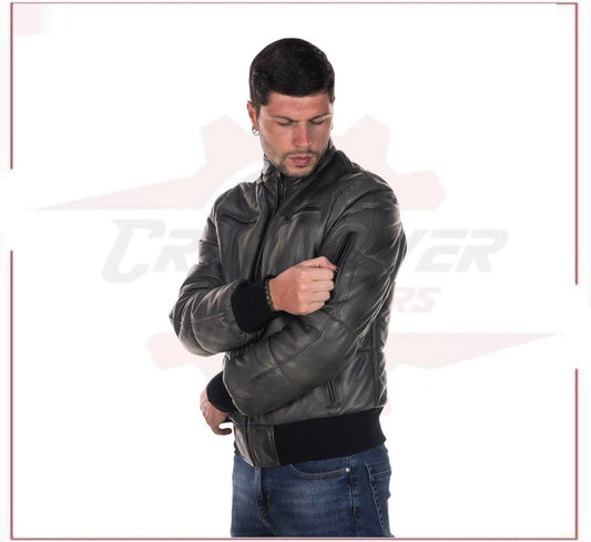 Boston - Men's Down Jacket in Genuine Grey Leather CROSSOVER RACEWEARS
