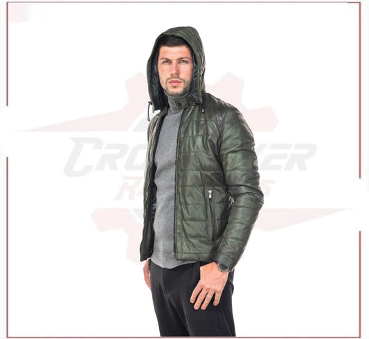 Berlino - Men's Down Jacket in Genuine Green Leather CROSSOVER RACEWEARS