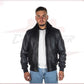 Men's Bomber Jacket in Genuine Black Leather with Real Black Shearling Collar CROSSOVER RACEWEARS