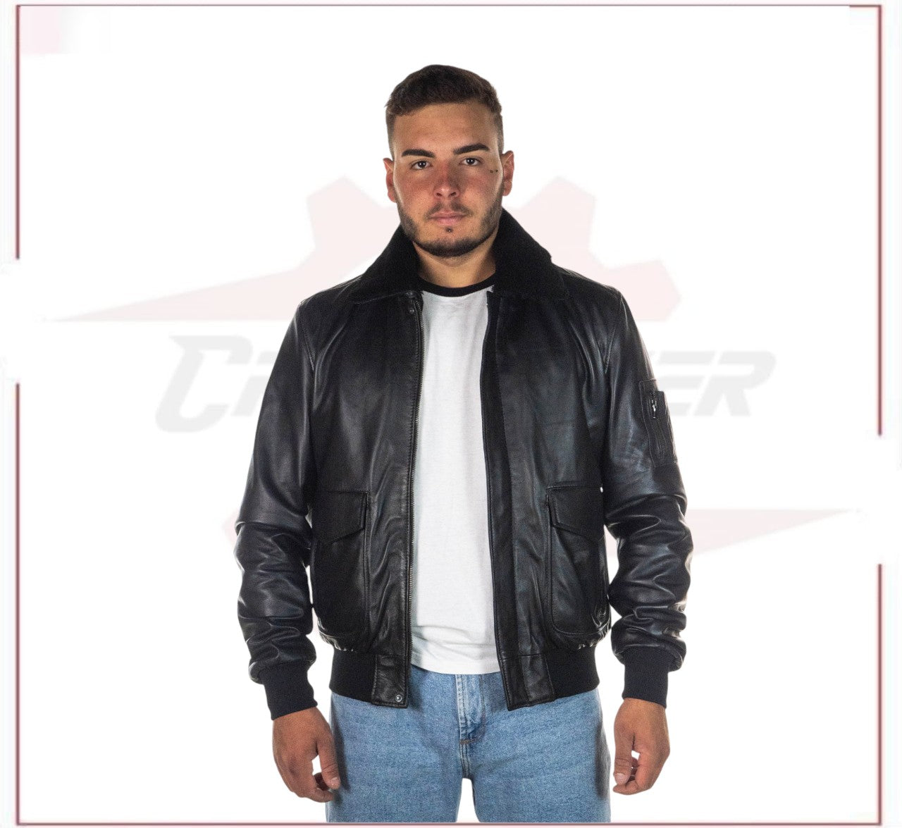 Men's Bomber Jacket in Genuine Black Leather with Real Black Shearling Collar CROSSOVER RACEWEARS