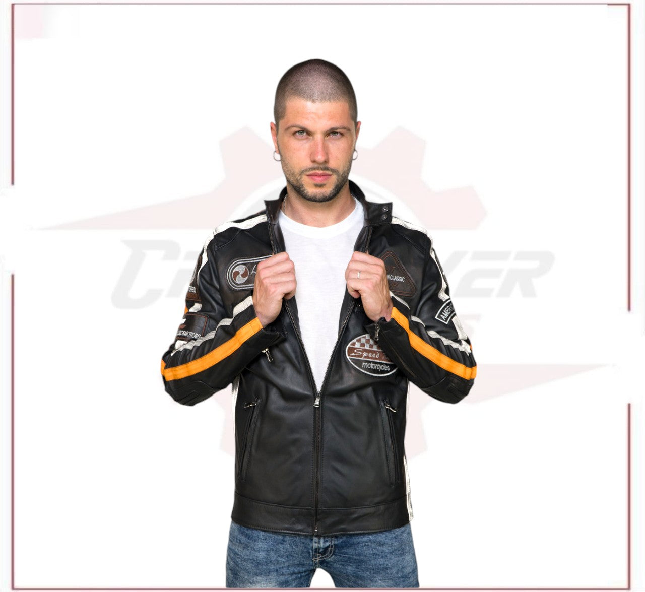 Biker Man's Jacket in genuine Black Leather CROSSOVER RACEWEARS