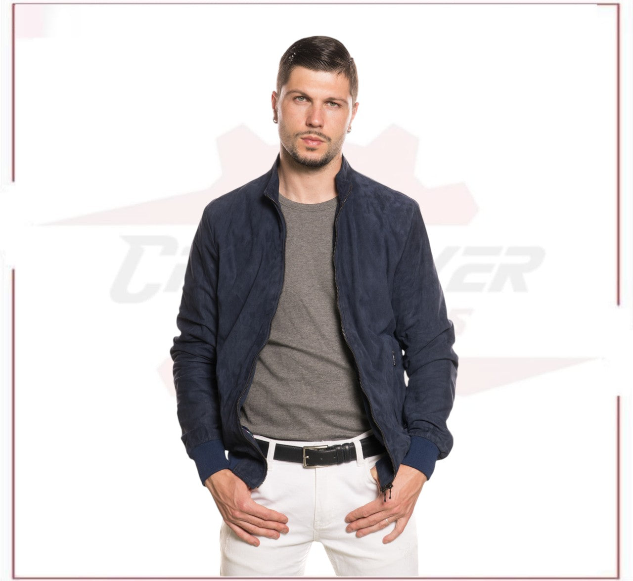 Victor - Men's Bomber Jacket in Genuine Dark Blue Suede Leather CROSSOVER RACEWEARS
