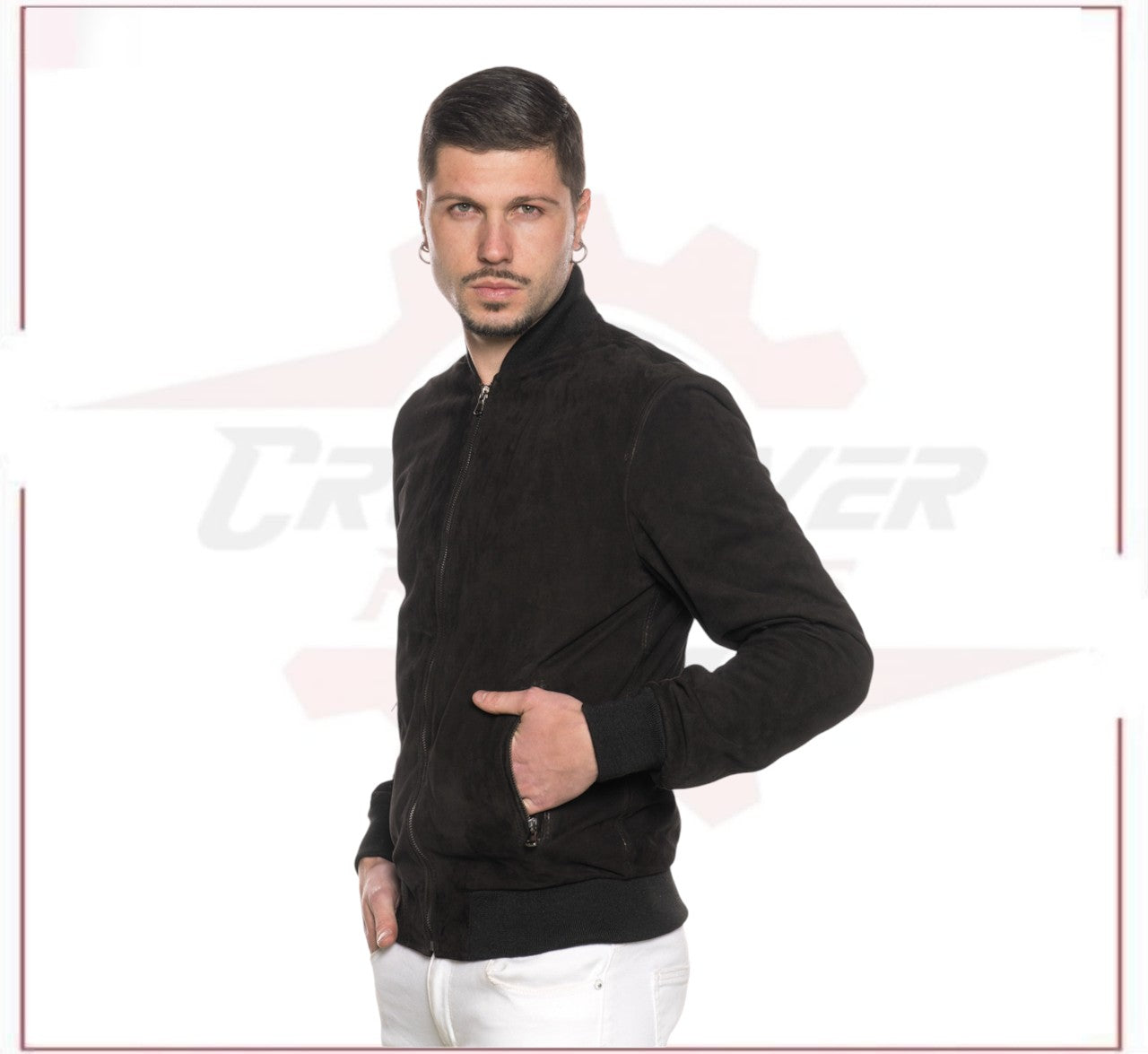 David - Men's Bomber Jacket in Genuine Dark Brown Suede Leather CROSSOVER RACEWEARS