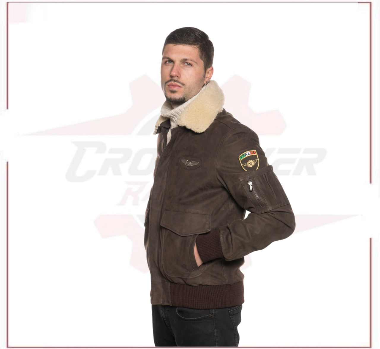 Men's Bomber Jacket in Genuine Dark Brown Nabuk Leather with Shearling Collar CROSSOVER RACEWEARS