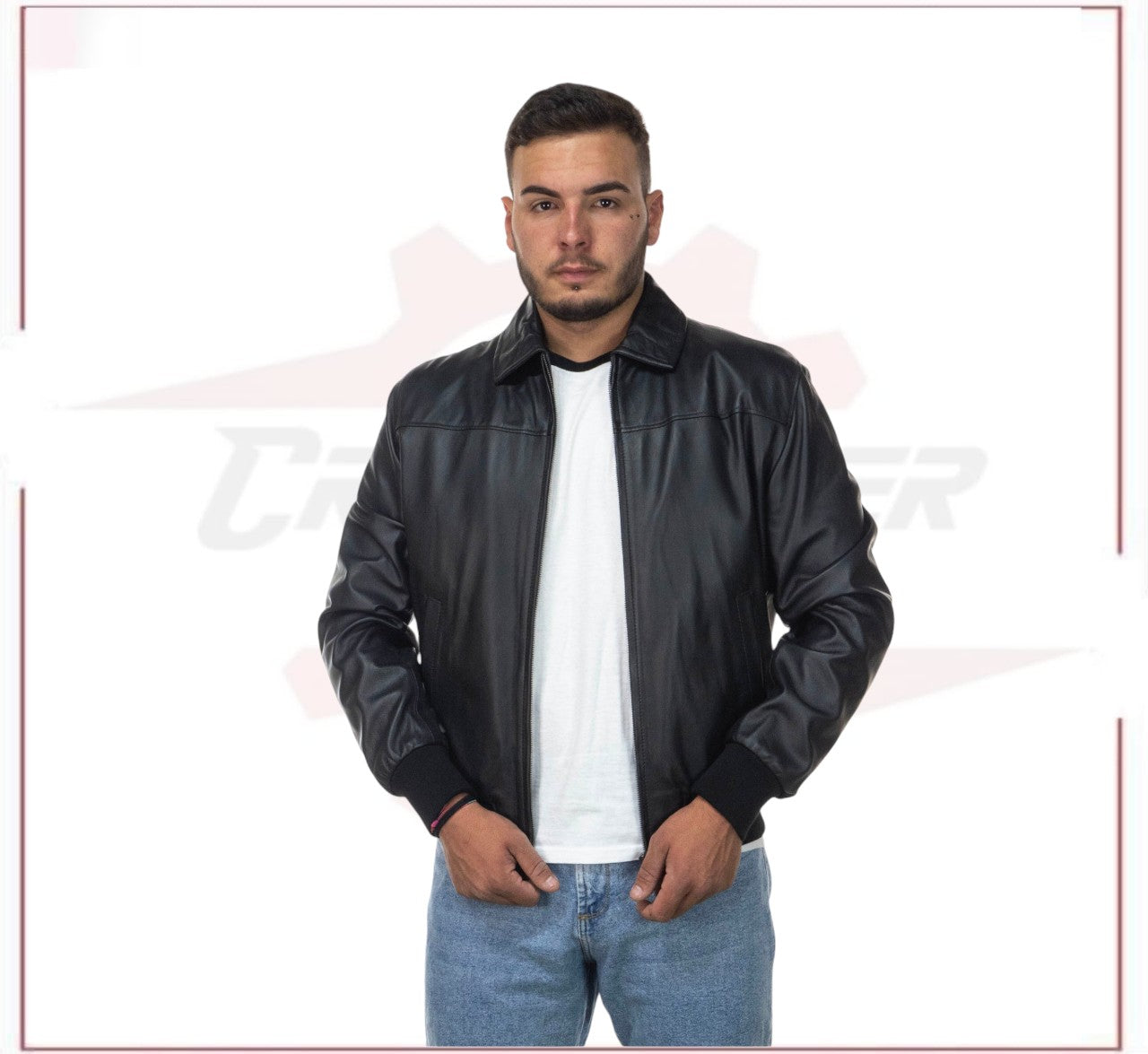 Men's Bomber Jacket in Genuine Black Leather CROSSOVER RACEWEARS
