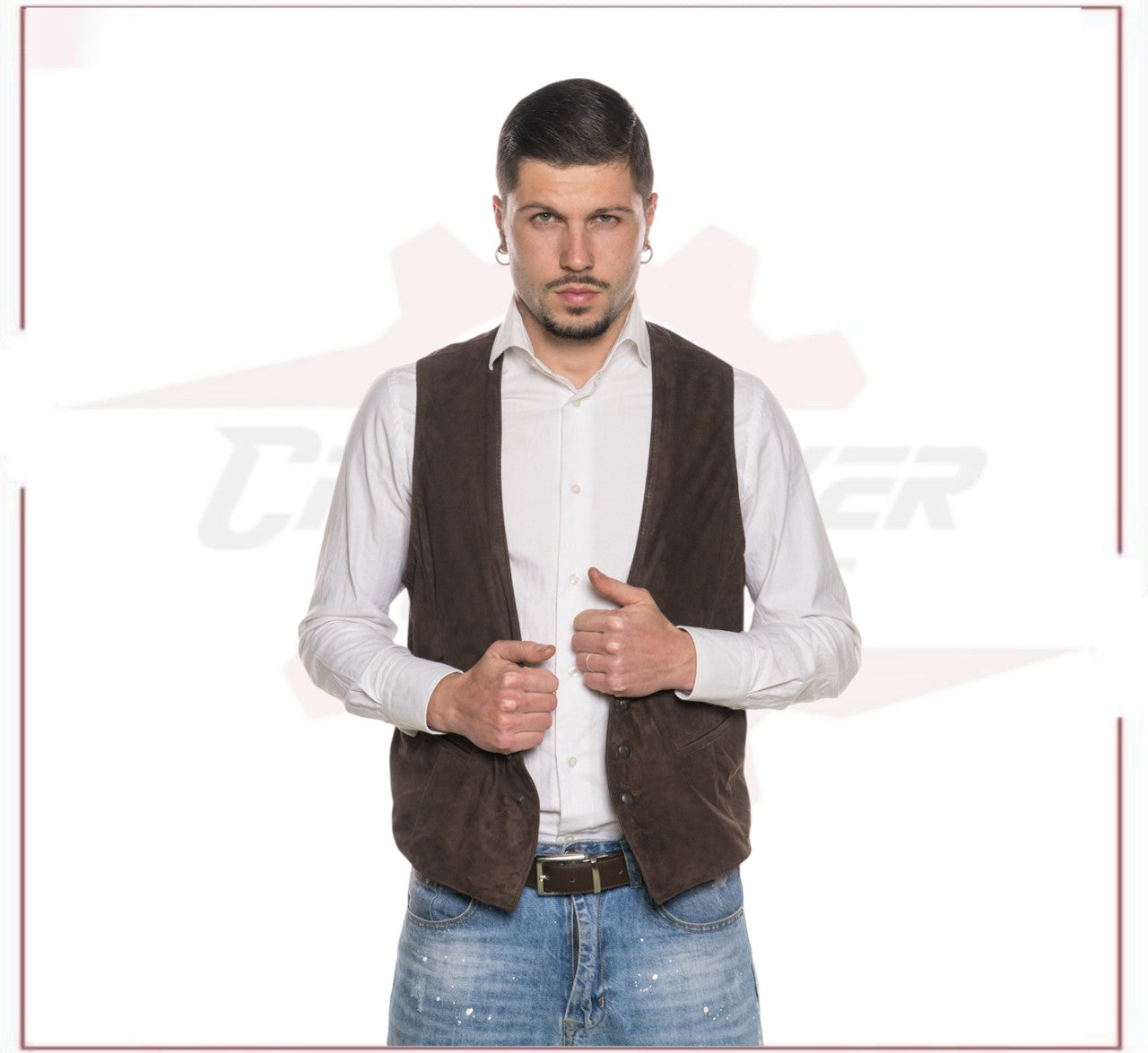 Men's Vest in Genuine Dark Brown Suede Leather CROSSOVER RACEWEARS