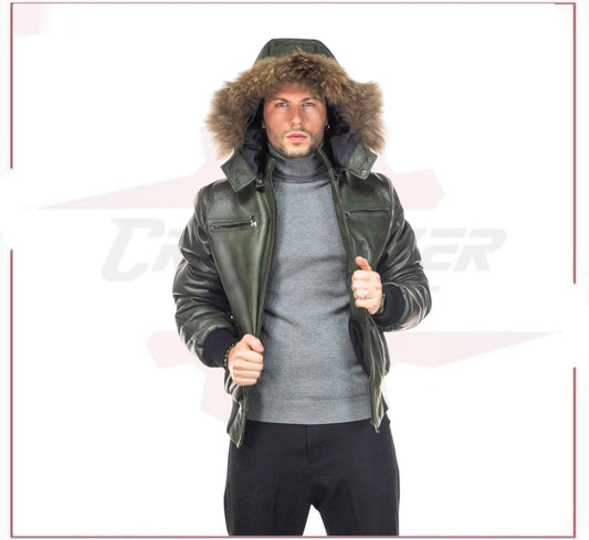 Boston - Men's Down Jacket in Genuine Green Leather CROSSOVER RACEWEARS